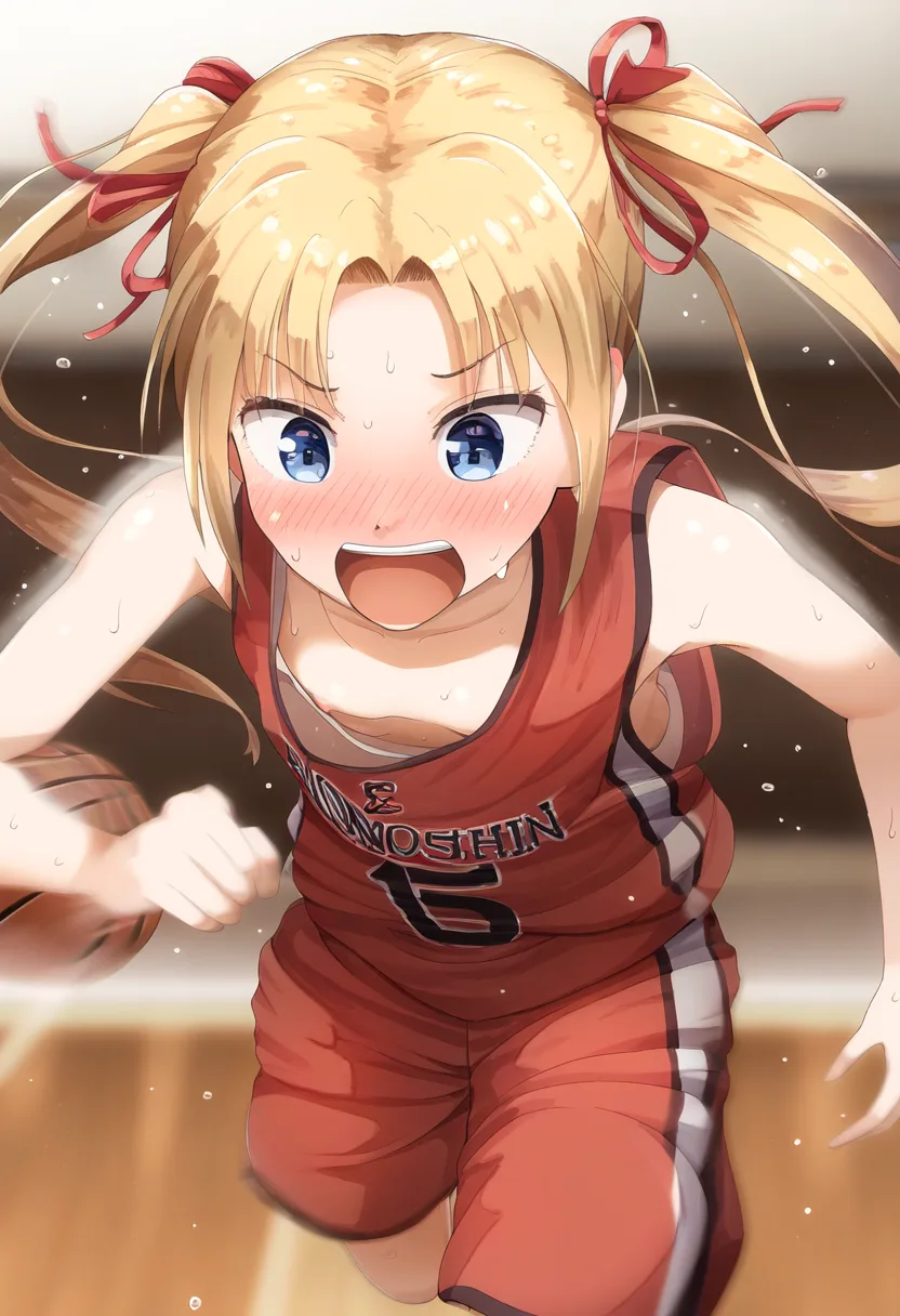 おっぱいチラリなバスケ金髪ツインテ女子