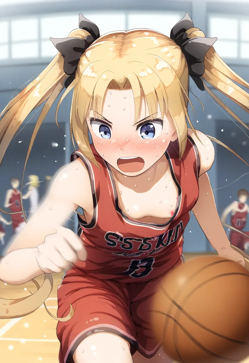 サイズの合わないバスケのユニフォームを着ている金髪のツインテール女子