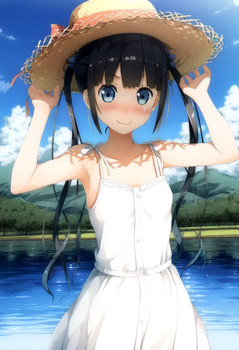 ツインテ娘が湖ではしゃぐ