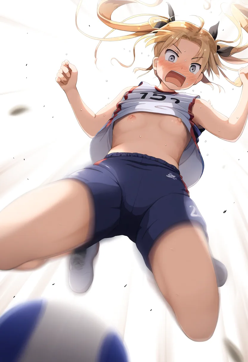 バレーボールでおっぱいチラリするツインテール金髪女子
