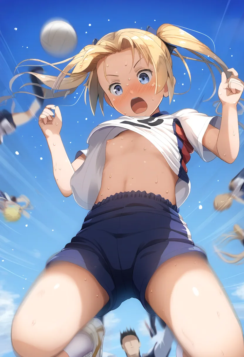 バレーボールで乳首チラリするツインテール金髪娘