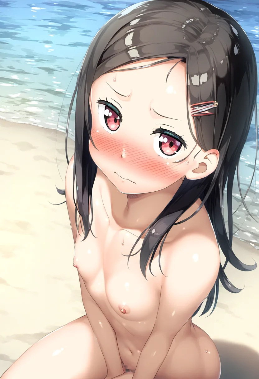 ビーチでヌードなおでこの女の子