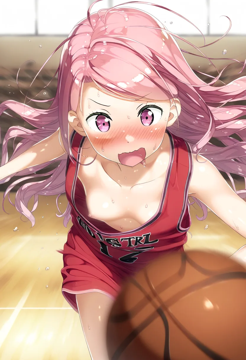 ピンクな髪の女の子がバスケでポロリ