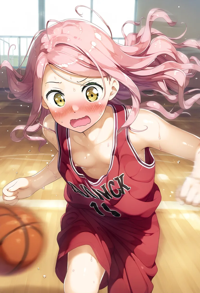 ピンクな髪の女の子がユニフォームで胸ちら