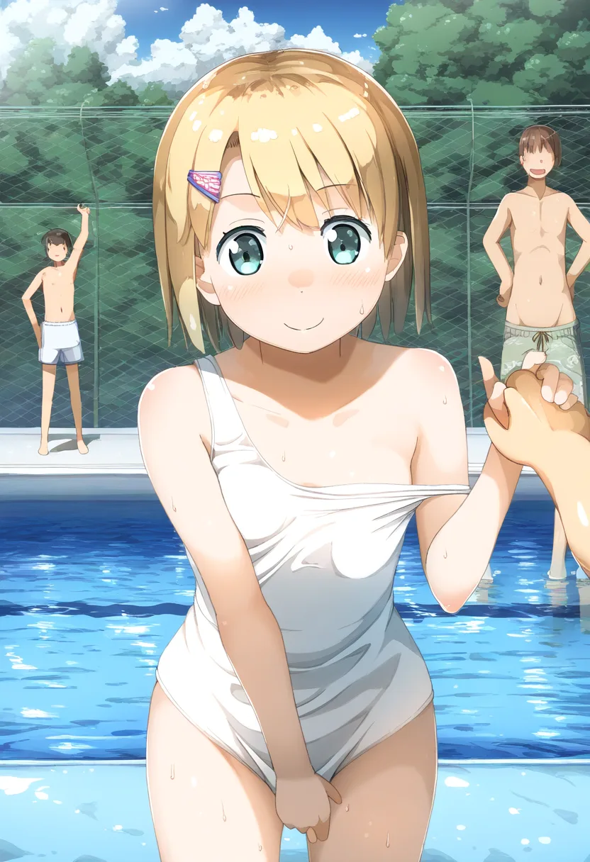 プールでふざける金髪ショート女子