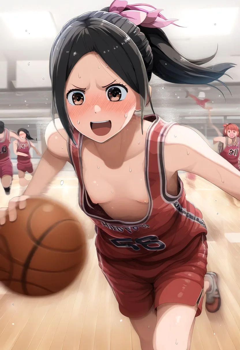 ポニテな彼女がサイズの合わないバスケのユニフォーム着てる