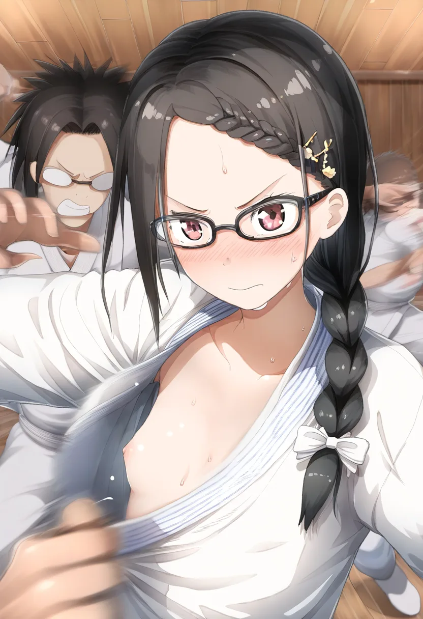 メガネ女子と柔道中に胸ちら