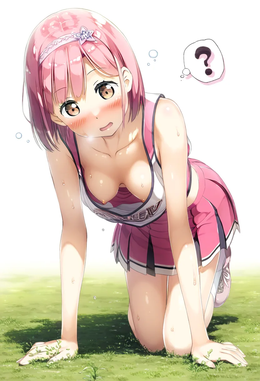 乳首見えてるのに気づかないピンクなショートヘア女子