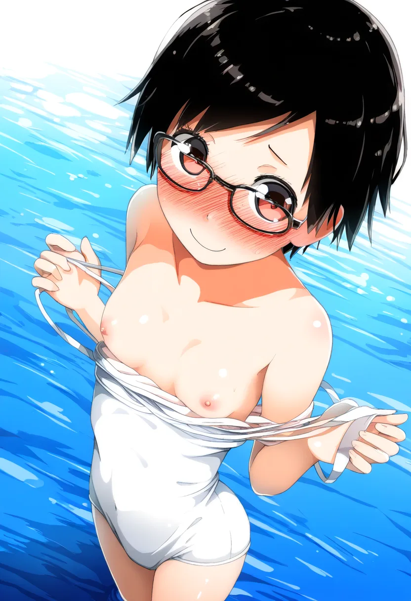 可愛らしいメガネの女の子がプールでおっぱい見せる