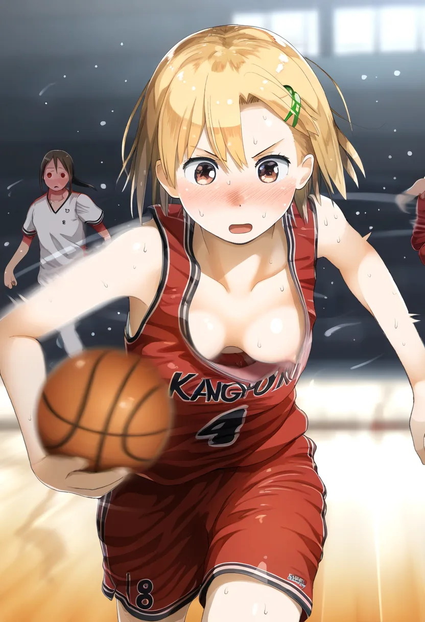 可愛らしい金髪女子がサイズの合わないバスケのユニフォーム着てる