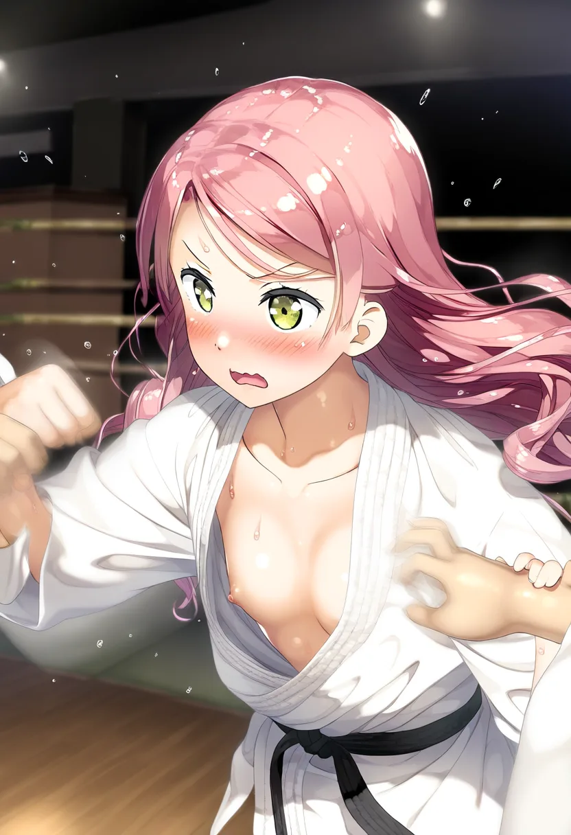 天パなピンク髪の女子と柔道中に胸ちら