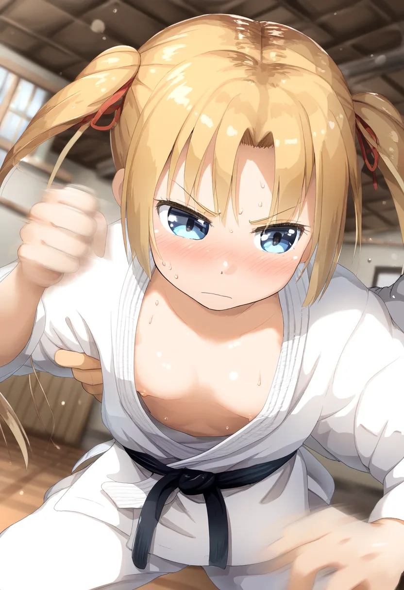 柔道中におっぱいポロリなツインテ金髪女子
