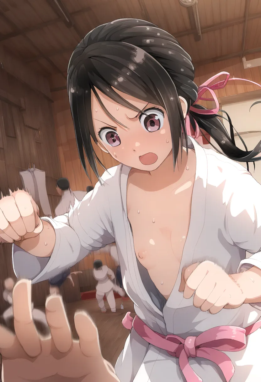 柔道中に胸ちらする黒髪ポニーテール女子