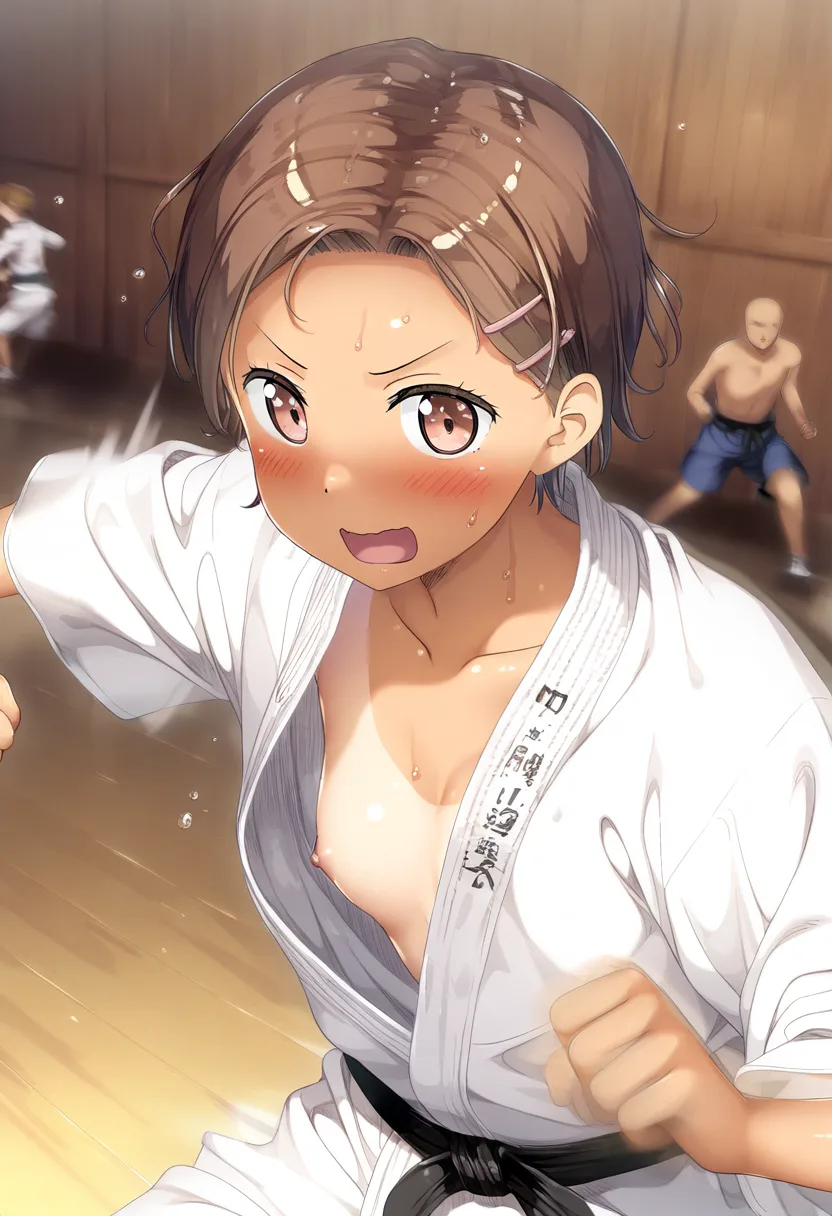 柔道中に胸ポロリな短髪茶髪女子