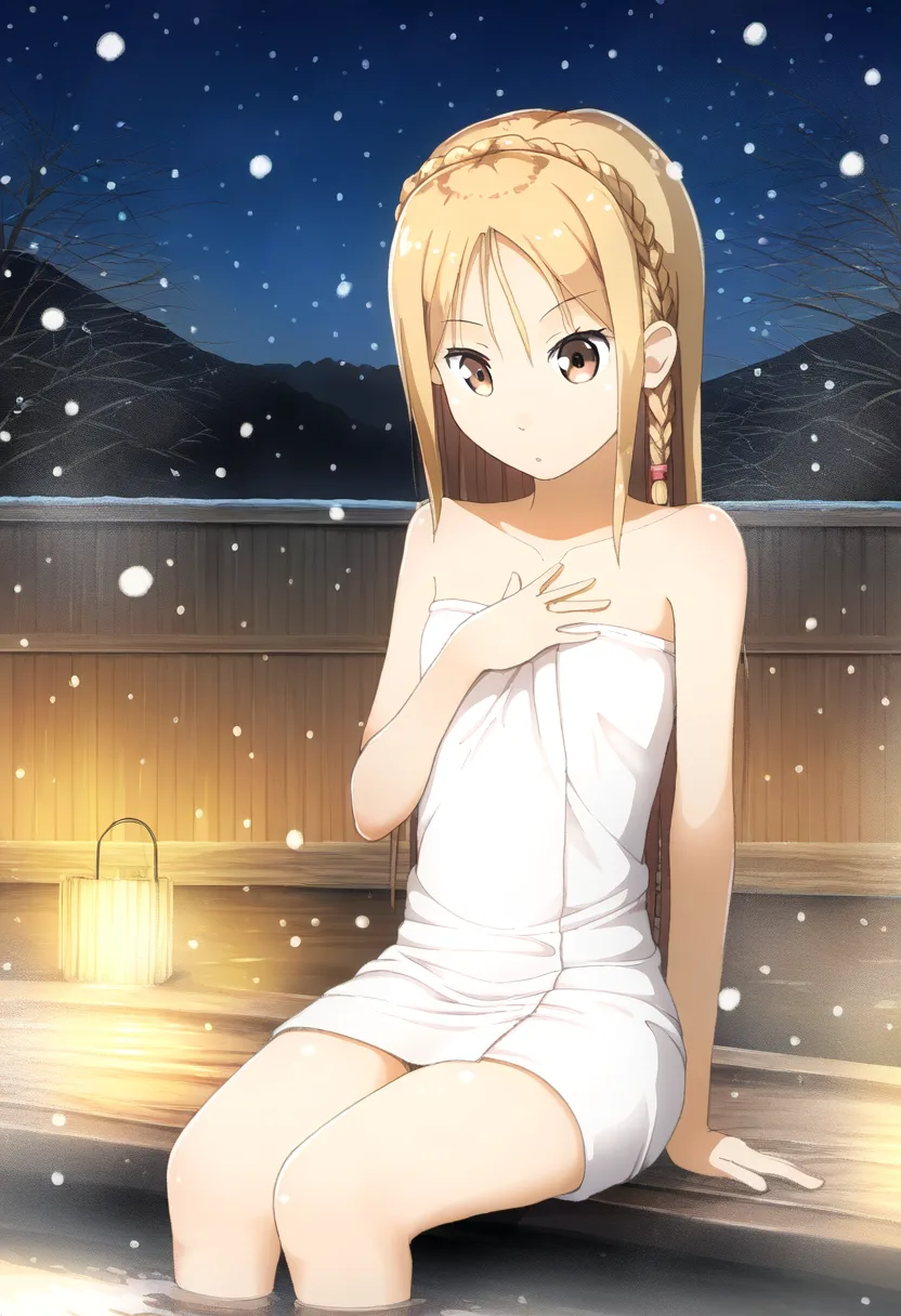 温泉にいる金髪ガール