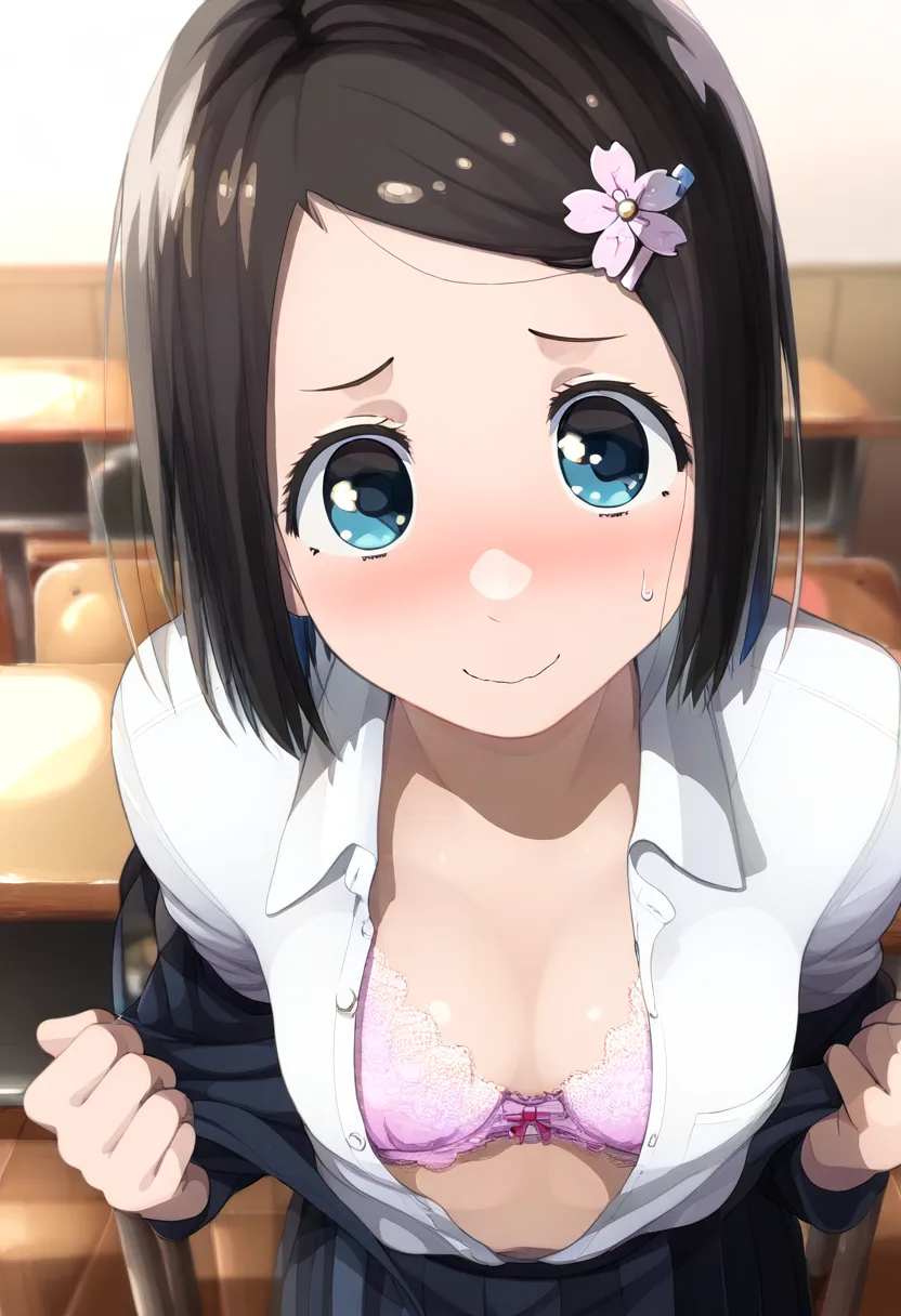 脱ぎ始めた黒髪ぱっつんな女の子