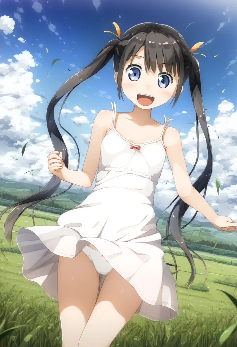 黒髪ツインテール娘が草原で可愛すぎる