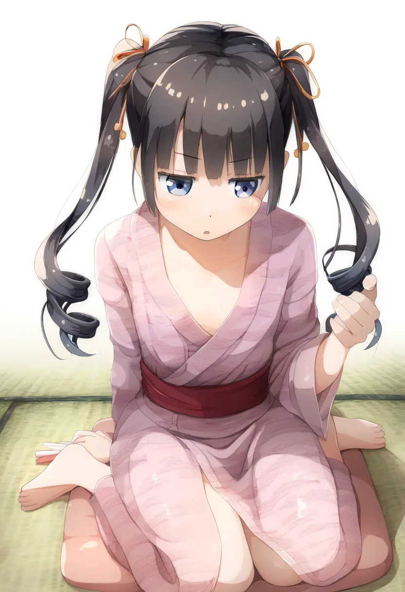 黒髪ツインテ女子は浴衣で座っている