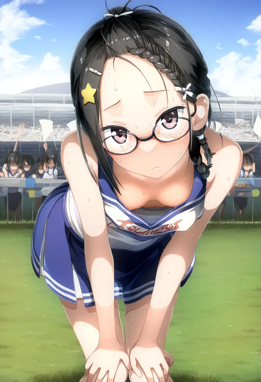 黒髪眼鏡っ子チアリーダーはおっぱい見えてるのに気づかない