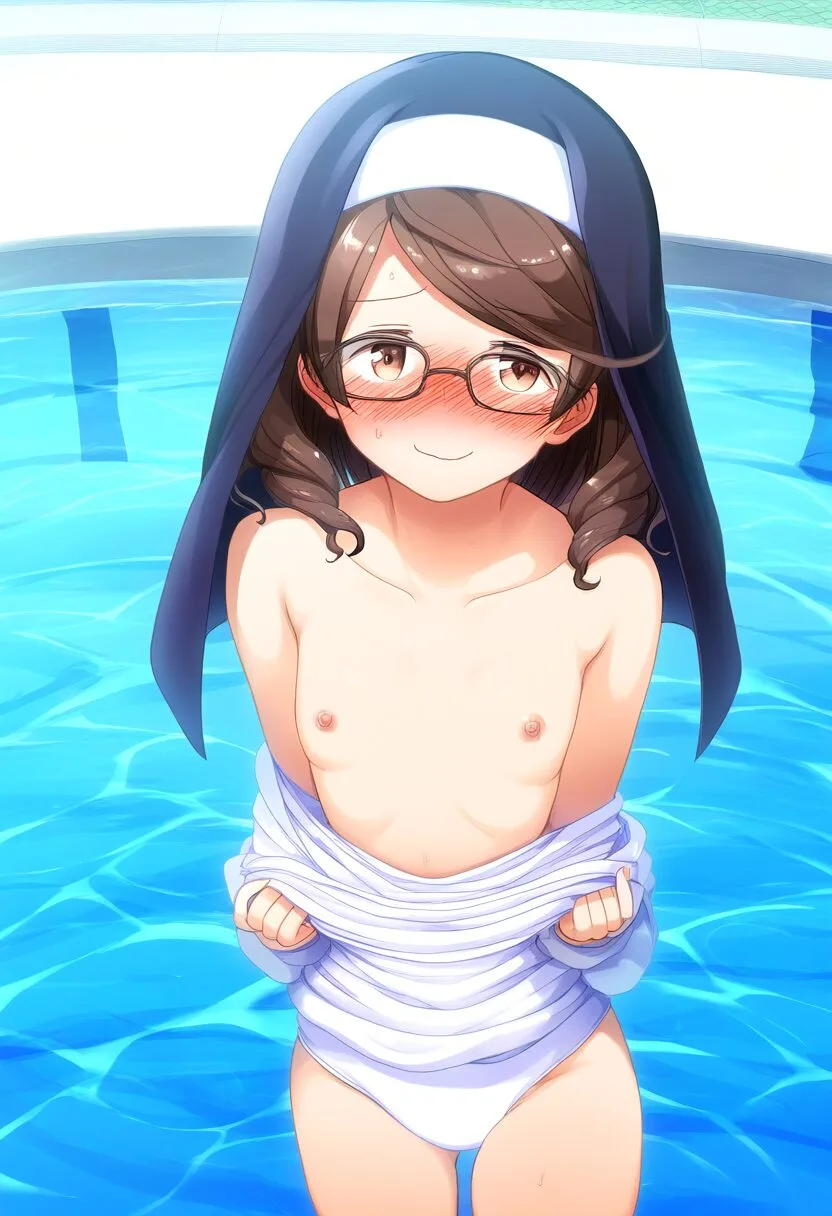 シスターさんがプールでおっぱい晒す