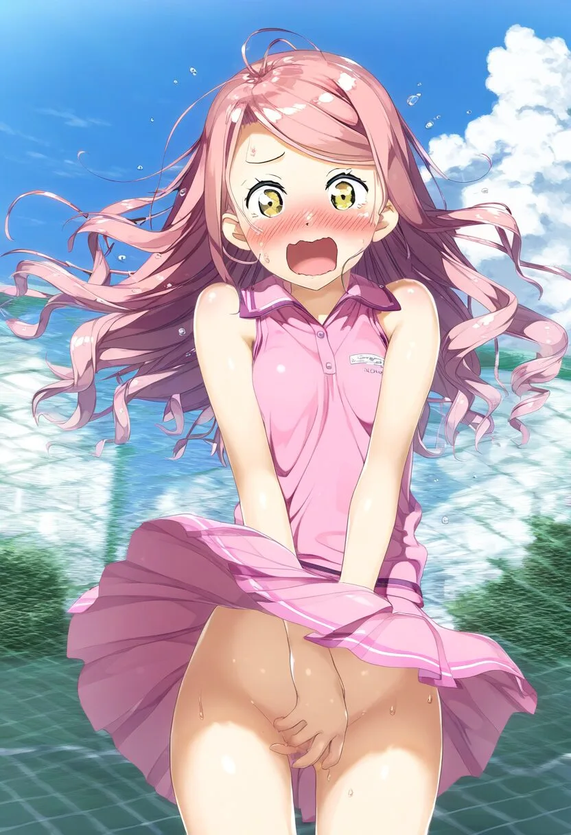 風が吹いてもノーパンで恥ずかしいピンク髪の女子