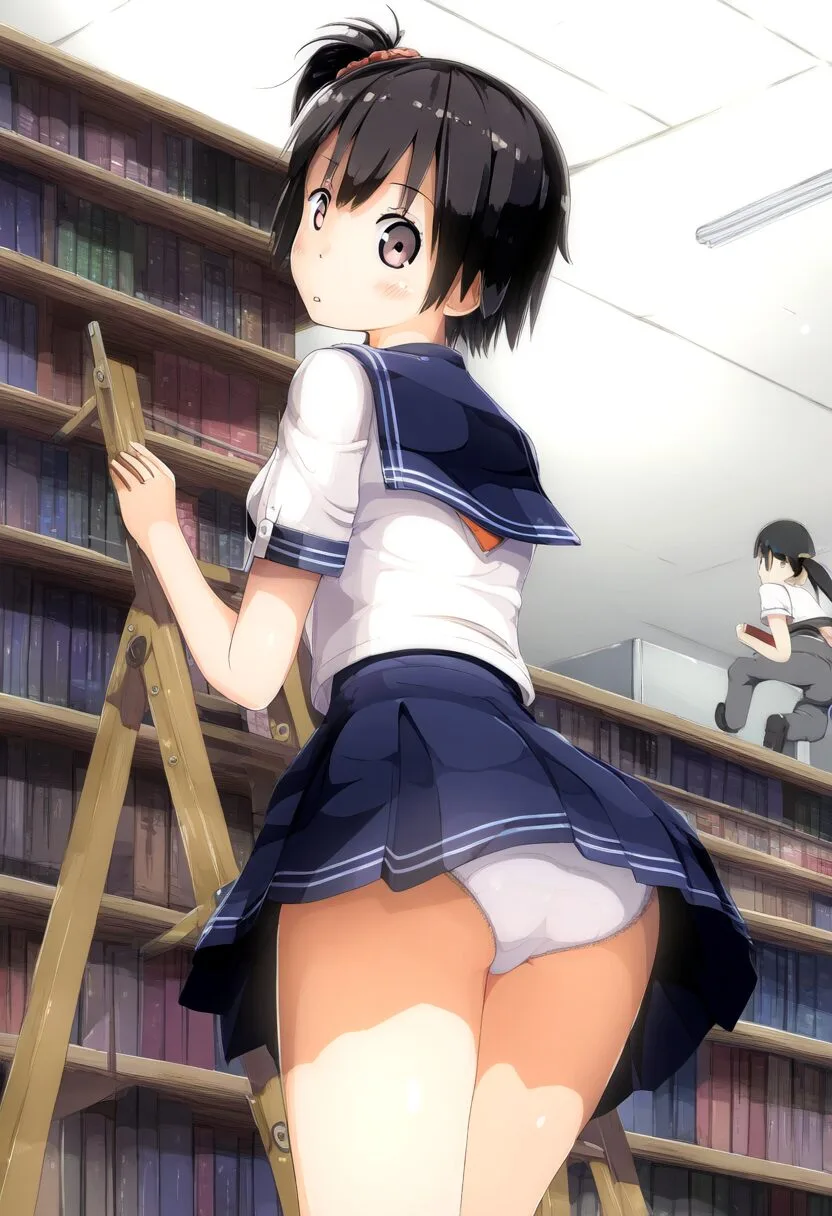 図書館でパンチラな短髪で可愛い女子