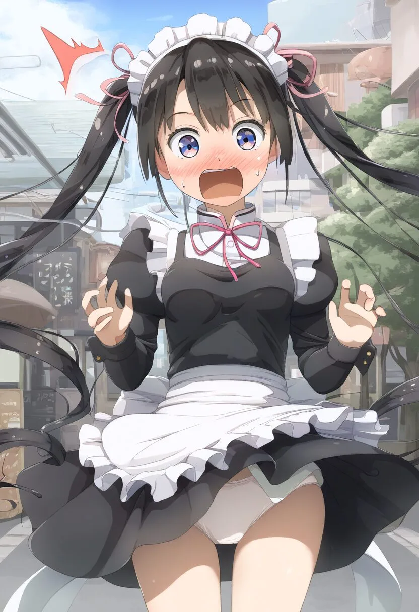 ツインテールな女子メイドさん外でパンチラ