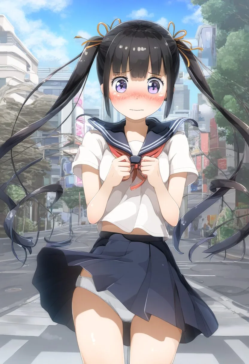 黒髪ツインテール娘のパンツと恥じらう表情