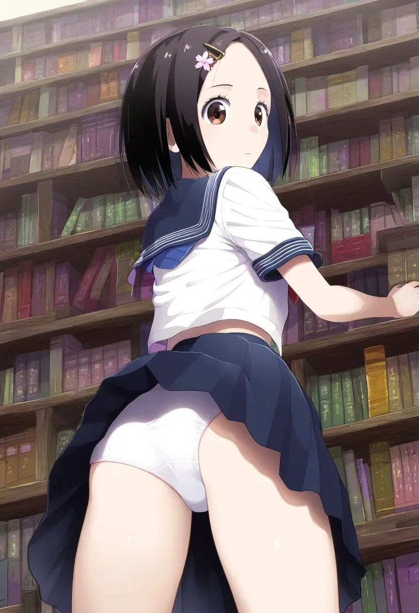 ぱっつん黒髪女子パンツがモロ見え。