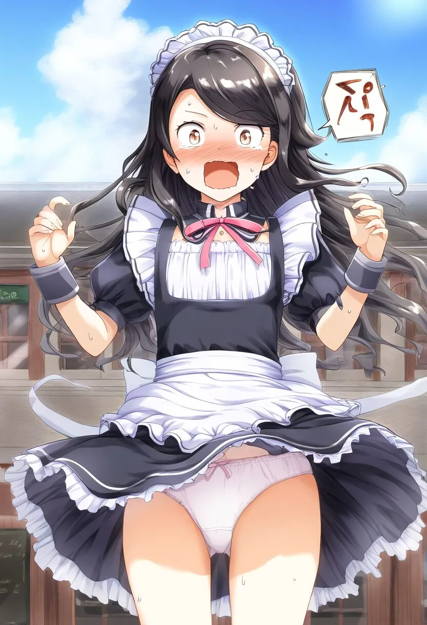 あどけない女の子メイドが外で風に吹かれてパンチラ