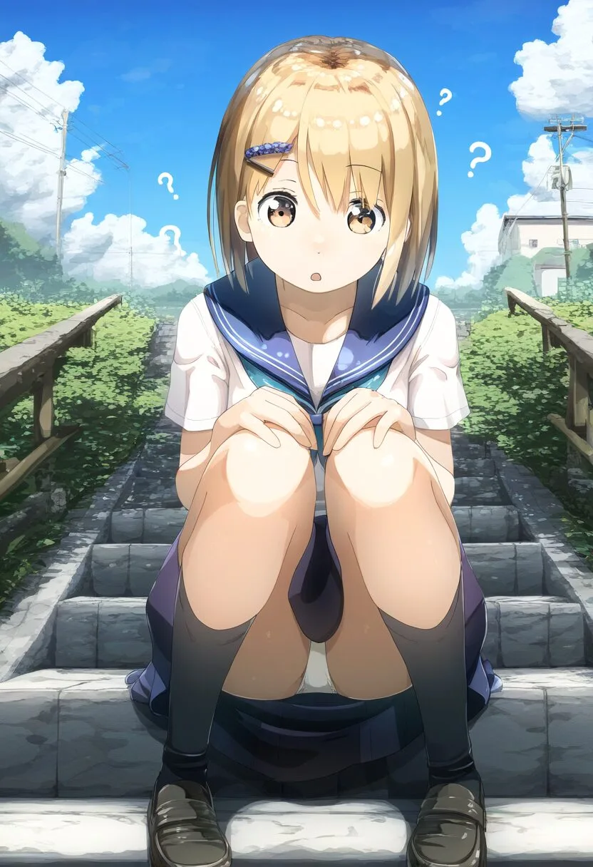 パンツ見えているのに気づかない金髪女子