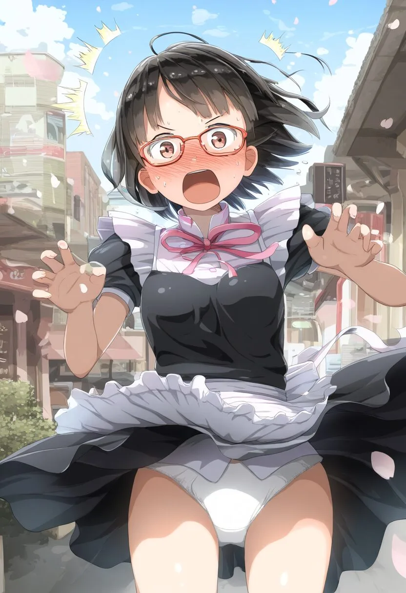 パンチラする黒髪短髪メガネ女子メイド