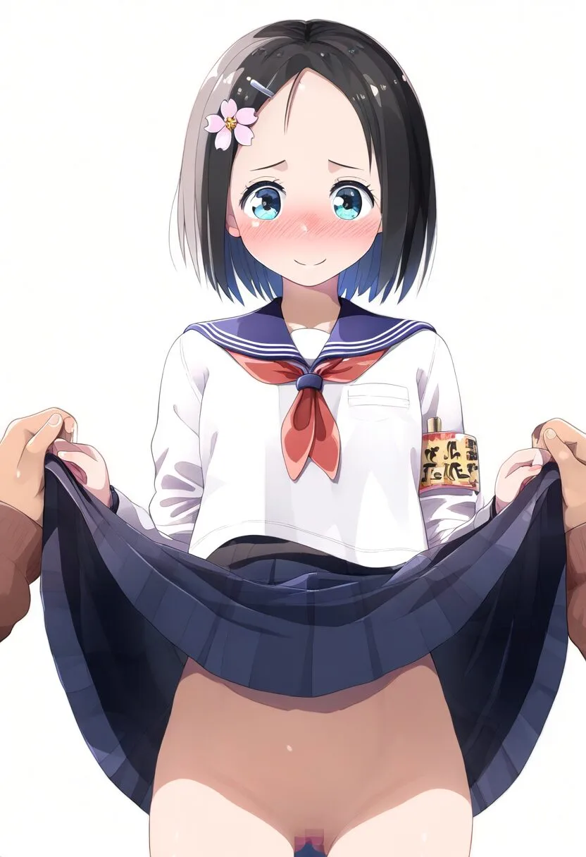ノーパンのぱっつん黒髪の女の子が笑顔