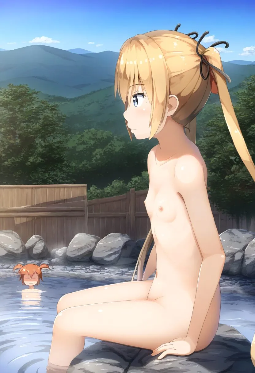 遠くを見つめて座っているツインテール金髪娘