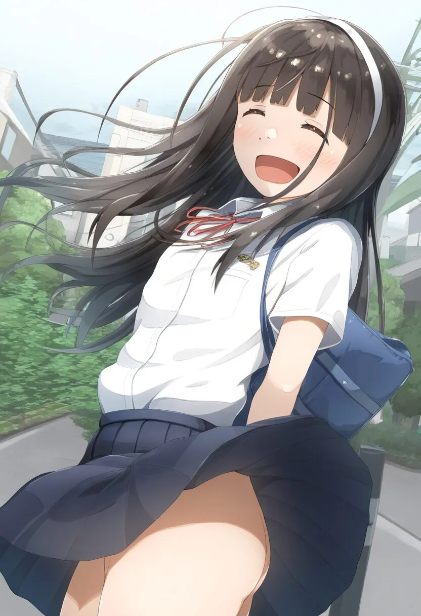 お尻見えてるのに笑顔なヘアバンドで長い髪を束ねた女子