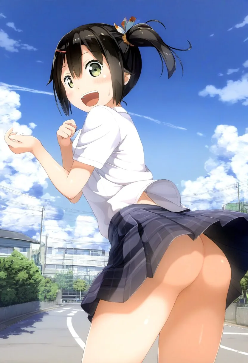 元気な彼女はお尻見えてるのに笑顔