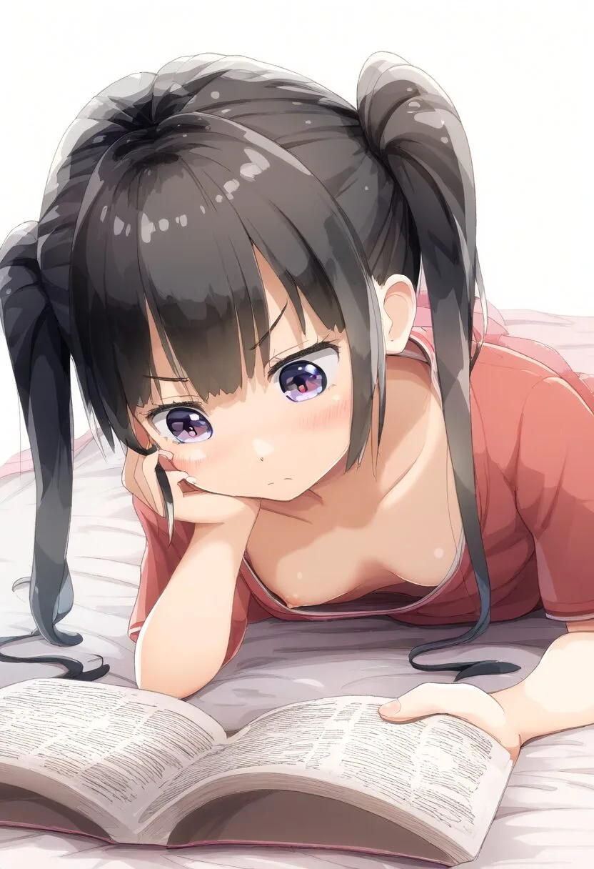 読書中の黒髪ツインテ女子