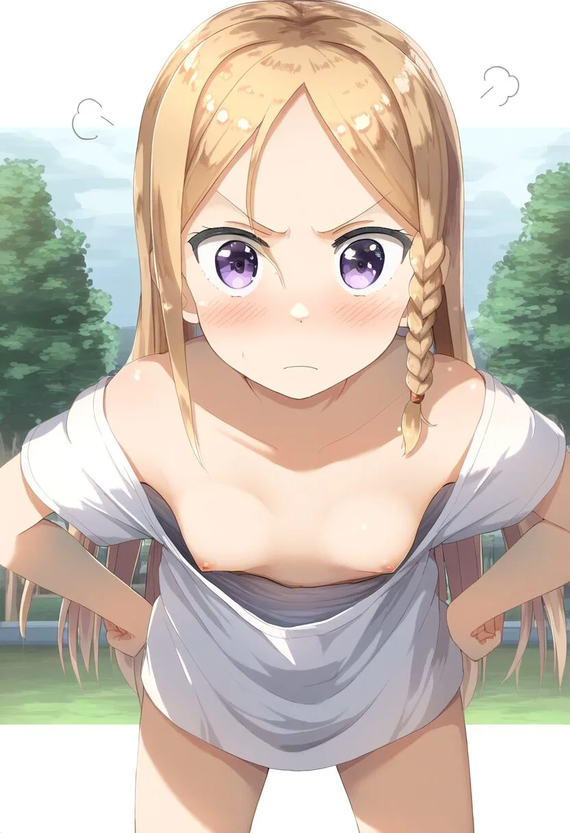乳首見えているのに怒ってる金髪の女の子