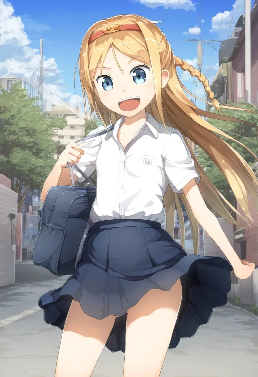 お尻見えてるのに笑顔な金髪の可愛い女の子