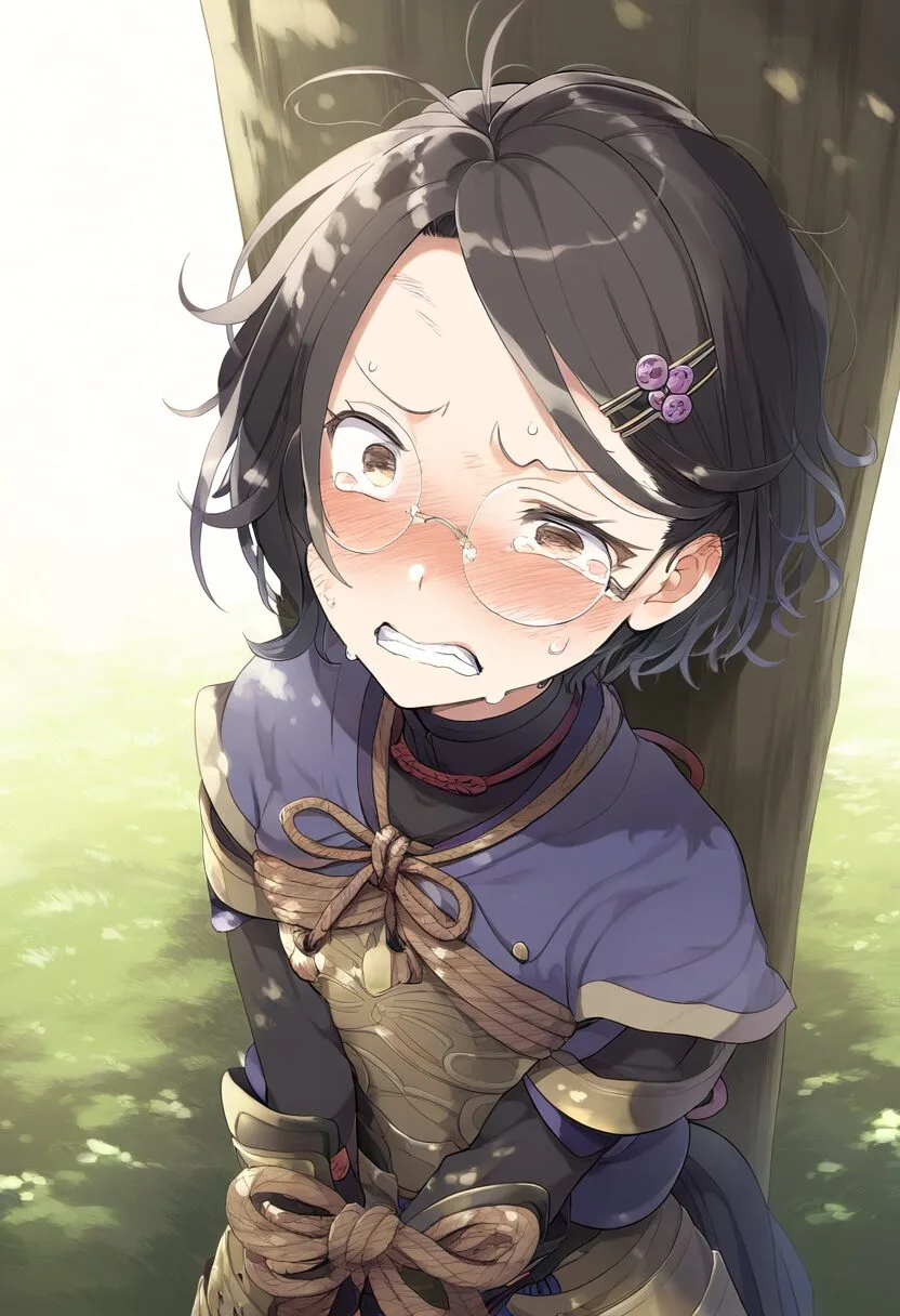 メガネの女の子は縛り付けられている