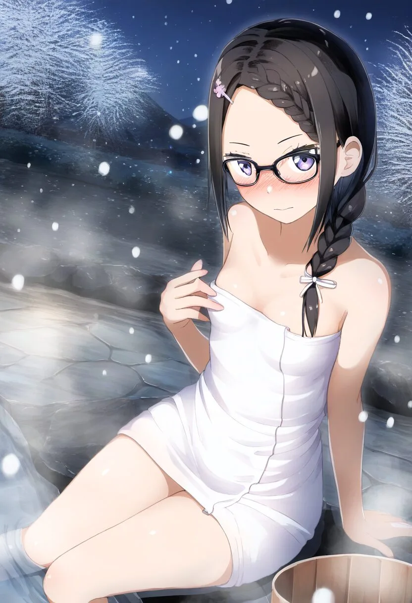 黒髪眼鏡っ子が冬の温泉に