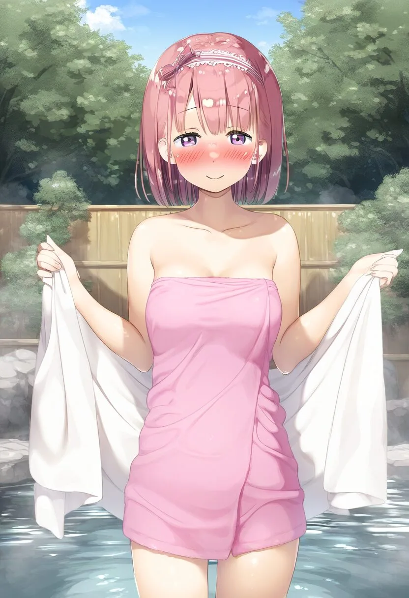 ピンクのショートヘア女の子はタオルを巻き巻きしている