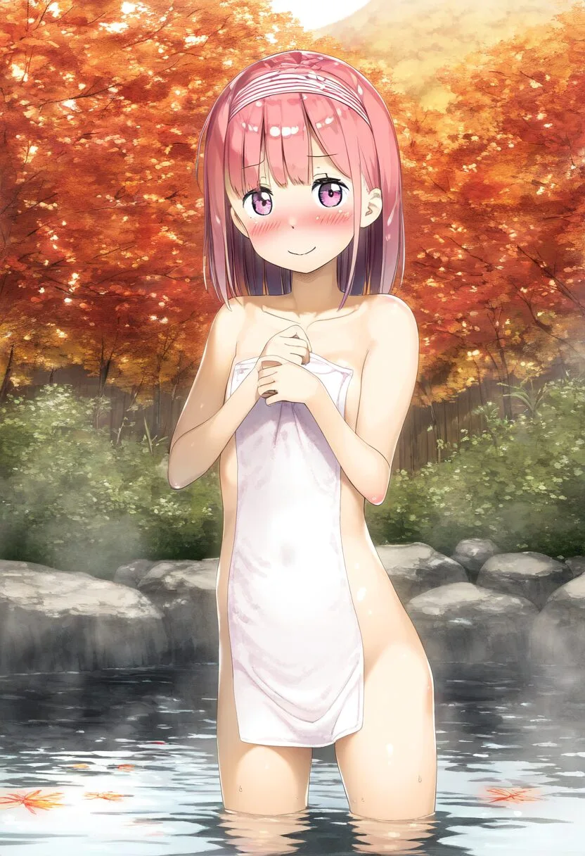 ショートのピンクヘア女の子は温泉の中にいる