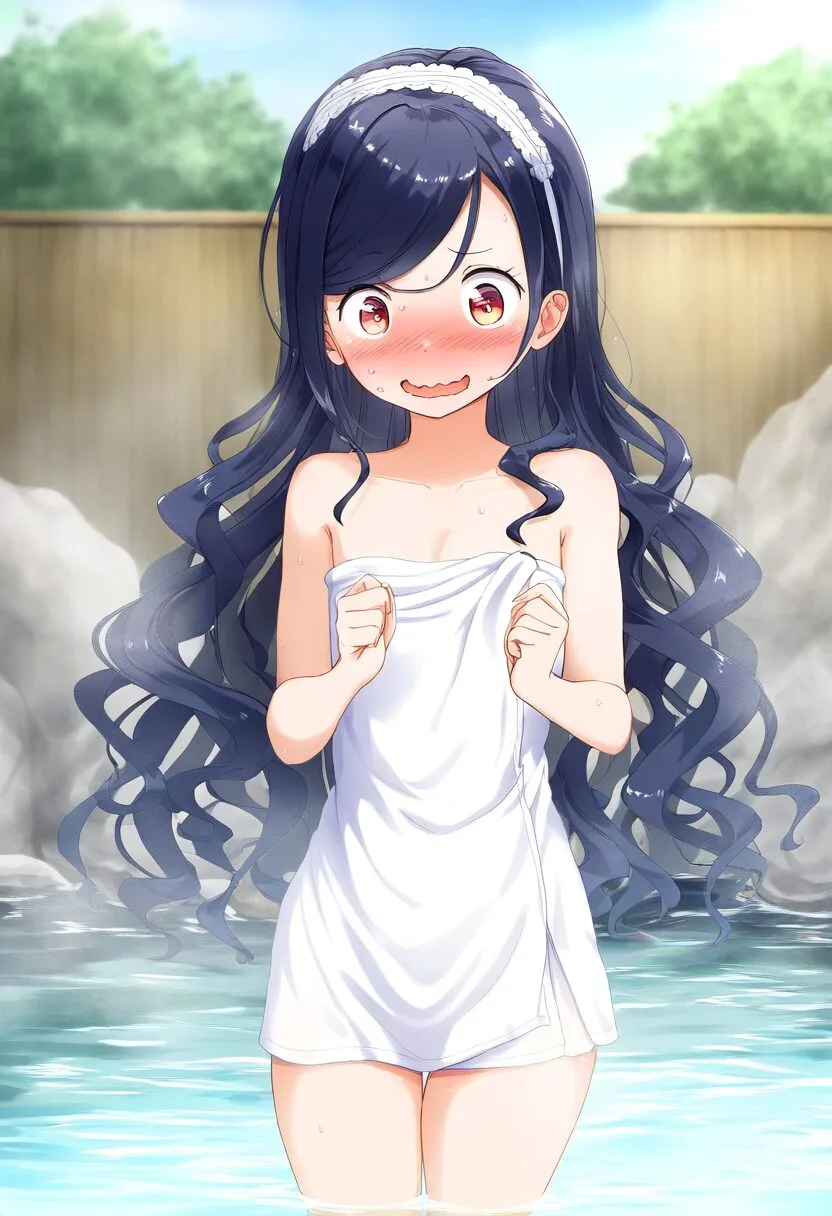 ヘアバンドの女子はタオルを巻き巻きしている