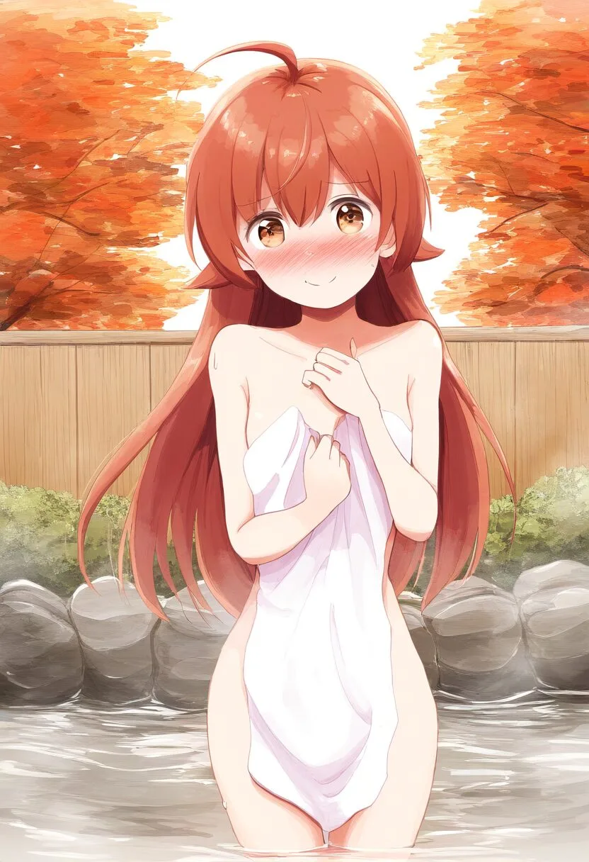 温泉に立っている優しそうなお姉さん