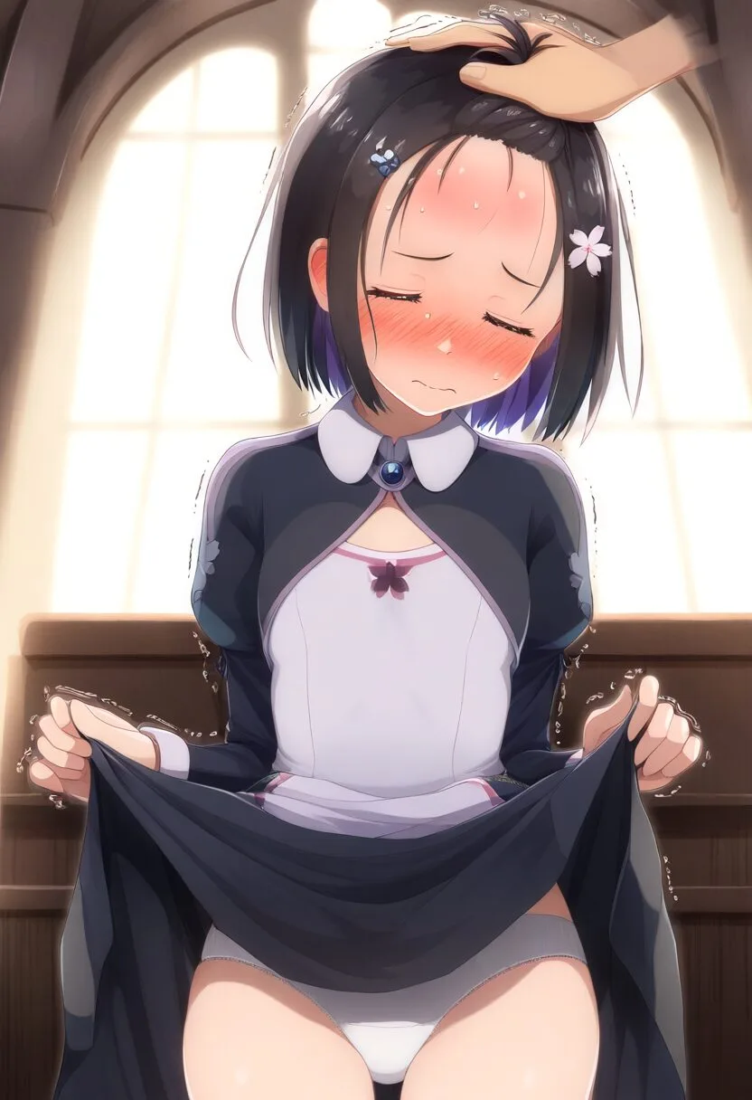 パンツ見せる黒髪ぱっつん女子シスター