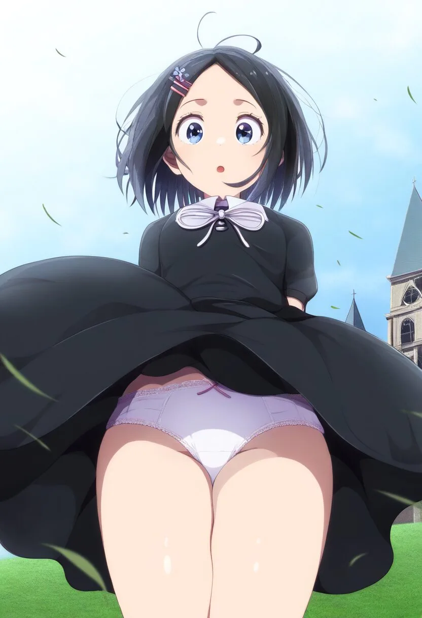 シスターの黒髪ぱっつんな女の子のパンチラ