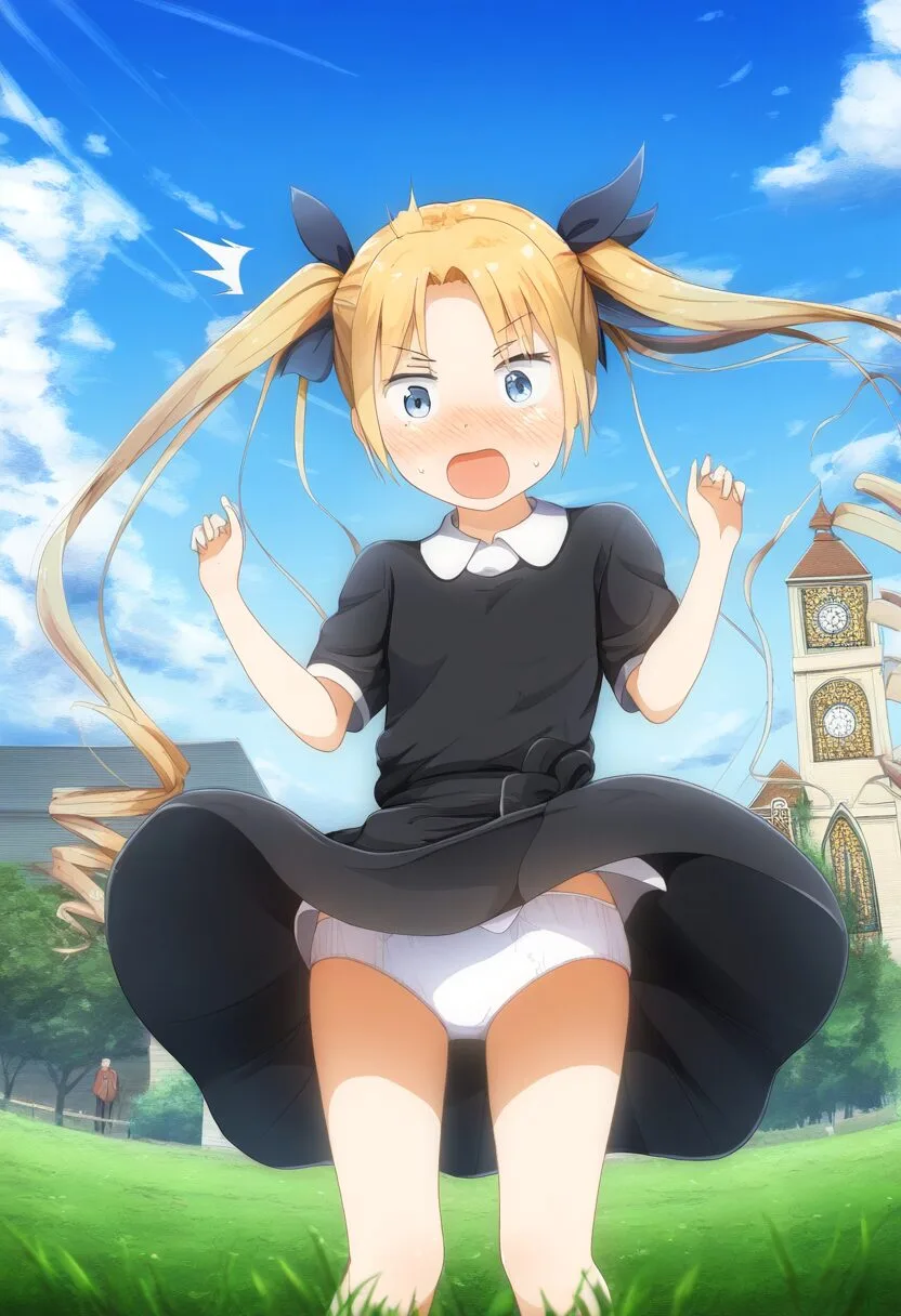 シスターの金髪ツインテ女子のパンチラ