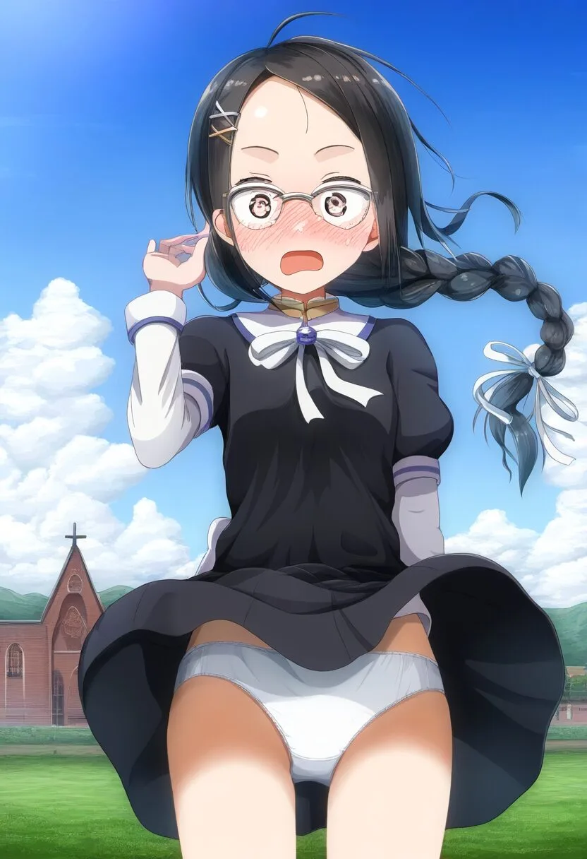 風の悪戯でパンツ見えてる眼鏡っ子