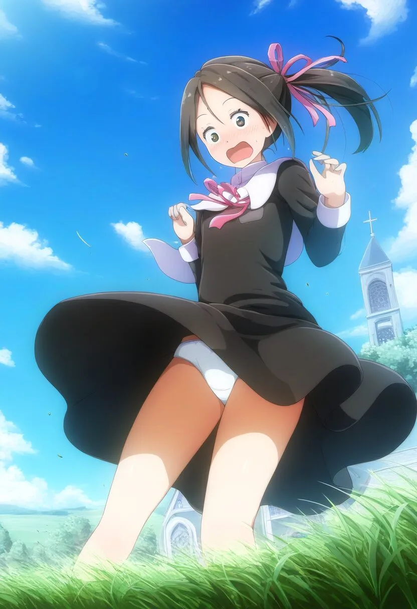 風の悪戯でパンツ見えてる長いポニーテールな女子